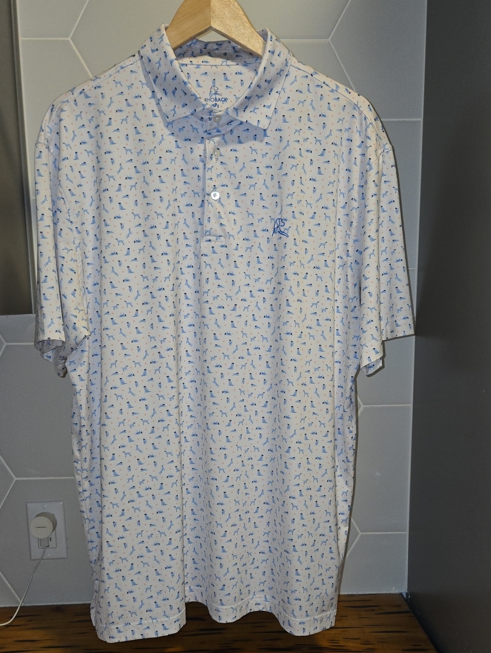 Rhoback White Polo with Light Blue Micro Dog Print